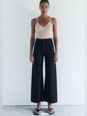 Zara Black Marine Jean Wide leg with fray at ankle